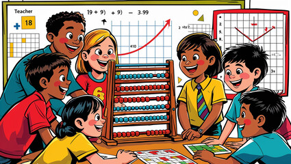 A diverse group of elementary students learning mathematics in a classroom setting