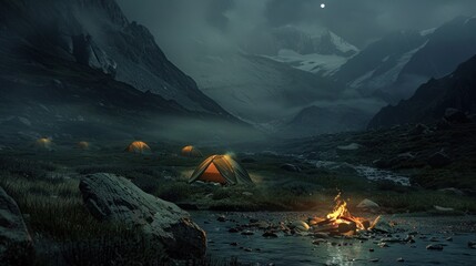 Campfire under starry night in the mountains