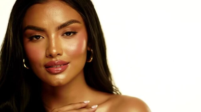 A beautiful young Latina woman with glowing caramel-toned skin and long dark hair, gently touching her face with a confident and radiant smile. She wears a white strapless top and gold hoop earrings. 