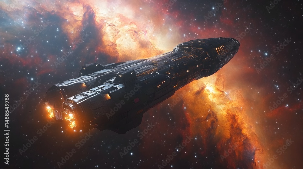 Poster a sleek, dark spacecraft soars through a vibrant nebula, engine exhausts glowing orange. stars fill 
