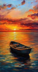 Sunset Boat with Calm Sea, and Orange Sky.