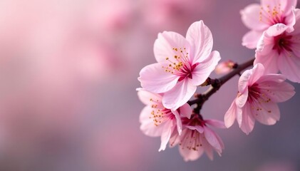 Fototapeta premium Delicate pink cherry blossoms, full bloom, soft petals , soft, spring blossom, pink background