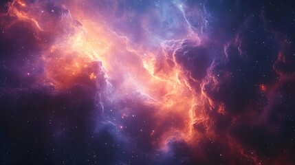 Fototapeta premium A mesmerizing cosmic vista unfolds, showcasing vibrant nebulae awash in orange, red, purple, and blue hues. Myriad stars punctuate the scene, adding depth. Astronomy and Galaxy backgrounds.