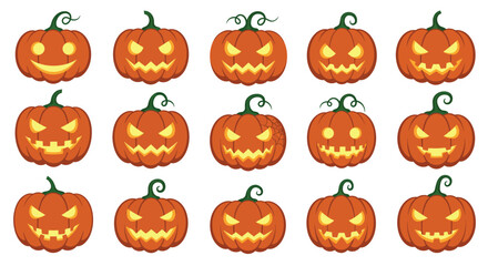 Festive collection of illustrated jack-o'-lantern pumpkins with assorted glowing faces ideal for Halloween decorations or designs.

