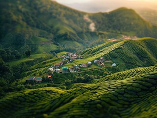 Aerial View of Tea Plantation with Houses