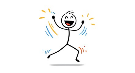 Simple joyful stick figure celebrating victory with energetic expression and raised arms