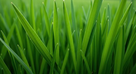 Close-up of green grass blades with water droplets in an outdoor setting.
