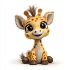 Cute cartoon giraffe with big eyes sitting and smiling on white background
