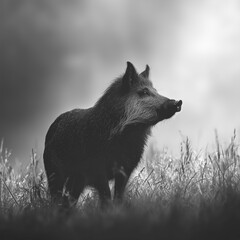 Black wild boar standing alert in misty field with tall grass
