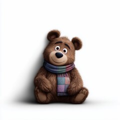 Cartoon brown bear in scarf smiling while sitting on clean white floor
