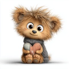 Cute teddy bear holding stitched heart plush with soft winter scarf
