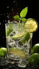 Fototapeta premium Glass of refreshing mojito filled with lime slices, ice cubes and sparkling bubbles isolated on green studio. Concept of cocktails, party, celebration, joy, freshness, summer, alcohol, vacation.