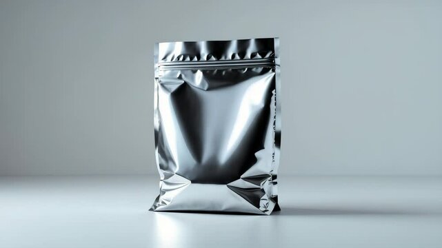Isolated silver foil plastic pouch on a white background. Assorted packaging template mockup.