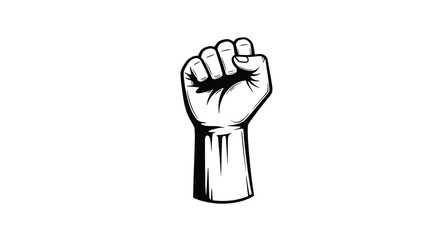 Black-and-white illustration of a raised fist symbolizing strength, unity, determination, and solidarity. Representing concepts such as empowerment, resistance, and collective action.


