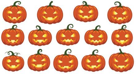 Festive collection of illustrated jack-o'-lantern pumpkins with assorted glowing faces ideal for Halloween decorations or designs.


