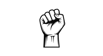 Black-and-white illustration of a raised fist symbolizing strength, unity, determination, and solidarity. Representing concepts such as empowerment, resistance, and collective action.

