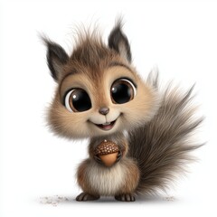 Cartoon squirrel with fluffy tail holding acorn and smiling joyfully
