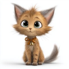 Cartoon kitten with green eyes and bow bell collar sitting cutely
