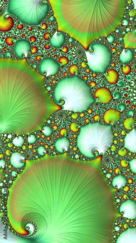 Poster fractal display with swirling green complex detailing, vertical video
