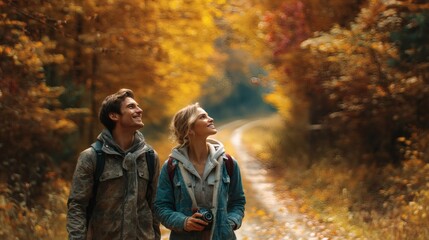 Fototapeta premium A couple looking up enjoying the golden autumn light. They are standing on a path lined with trees whose leaves are ablaze in autumn color. It's a perfect fall day. 