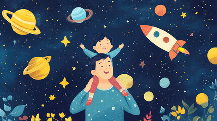 Father's Day Space Adventure Illustration, Cartoon Father and Child Holding Hands, Mustache Dad with Blue Polka Dot Shirt, Stylized Cosmic Scene with Planets and Rockets, Father's Day Greeting Card De