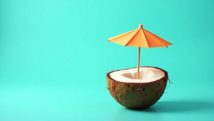 Fresh Coconut Drink with Umbrella on Turquoise Background &ndash; Tropical Summer Refreshment Concept