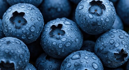 Close-up of fresh blueberries with water droplets on their surface.