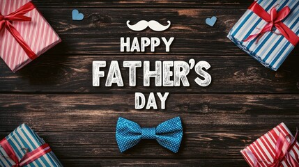 Father's Day Graphic Design on Dark Wood, White Mustache Shape "HAPPY FATHER'S DAY" Text, Striped Gift Boxes with Red Blue Ribbons, Blue Polka Dot Bow Tie, Minimalist Greeting Card Template