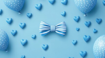 Fototapeta premium Father's Day Graphic Design on Light Blue Background, Blue White Striped Bow Tie Center, 3D Heart Shapes and Polka Dot Balloons, Minimalist Greeting Card Template, Social Media Graphic Design