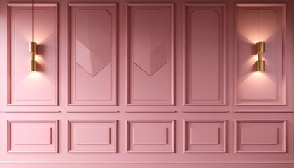 Close-up of matte dusty rose-painted wall with geometric panel detailing and ambient lighting, perfect for modern home decor visuals