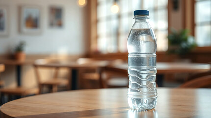 Plastic water bottle sitting on table in empty restaurant