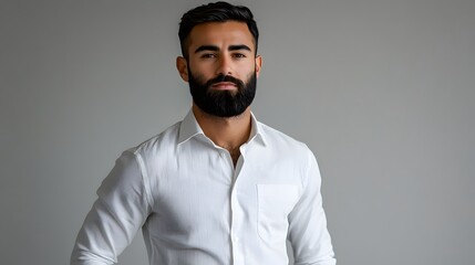 Young Arab man with well-groomed beard and slicked-back black hair, wearing a white dress shirt with rolled-up sleeves