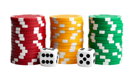 Casino poker chips and dice isolated on white