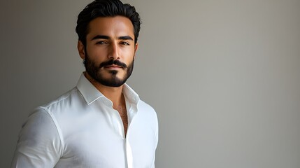 Obraz premium Young Arab man with well-groomed beard and slicked-back black hair, wearing a white dress shirt with rolled-up sleeves