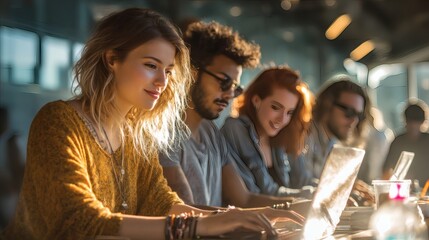 A diverse group of people working and collaborating on laptops in a modern office space