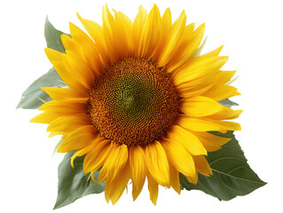 Obraz premium Sunflower blooming with yellow petals and green leaves on transparent background