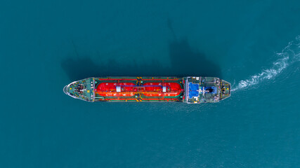 Aerial view LPG gas tanker ship on deep blue sea, Global business freight shipping import export logistic transportation oil and gas product tanker ship, Liquefied Petroleum Gas LPG tanker ship in sea