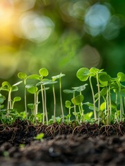 Young Plants Growing in Rich Soil - Close-up view of seedlings emerging from dark soil, symbolizing growth, nature, new beginnings, sustainability, and spring