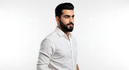 Obraz premium Young Arab man with well-groomed beard and slicked-back black hair, wearing a white dress shirt with rolled-up sleeves
