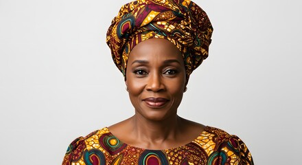 Mature African woman with dark skin and expressive eyes, wearing a colorful traditional patterned headwrap and vibrant dress