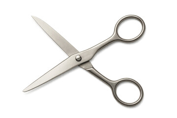 Stainless steel scissors opened wide, gleaming against transparent background, preparing for precise cutting task