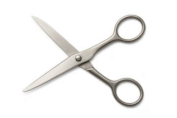Stainless steel scissors opened wide, gleaming against transparent background, preparing for precise cutting task