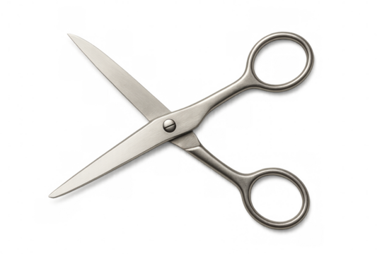 Stainless steel scissors opened wide, gleaming against transparent background, preparing for precise cutting task