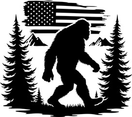 Fototapeta premium Patriotic Bigfoot in the Wild - Forest Silhouette Design