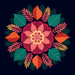 Flat vector illustration of an elegant red flower with green leaves, symmetrical and centered on a dark blue background. The design has a colorful mandala-style aesthetic, with bright colors in pink 