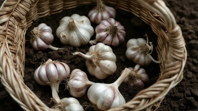 Basket of garlic cloves for planting. Cultivating garlic in the garden.