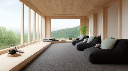 The open space of the room showcases an Eastern interior design, with elements such as a futon, tatami, a wooden roof, a rice paper door, a traditional tearoom, a carpet with a tray and tea set