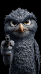 Fototapeta premium In this striking and surreal composition, a eagle-owl takes center stage, aiming a gun directly at the viewer against a pitch-black background. Generative AI