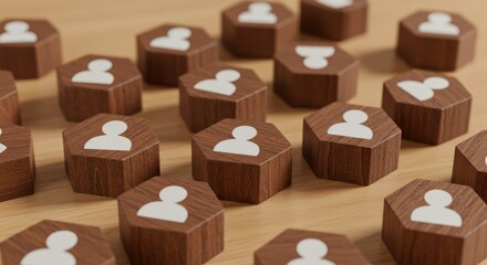 Fototapeta premium Brown wooden hexagon blocks with white person icons on a tan surface.