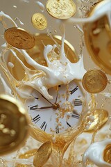 Fototapeta premium Watch in liquid with gold coins.